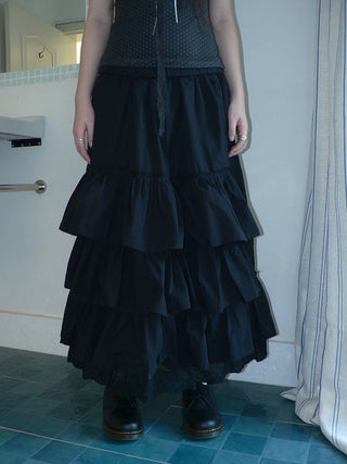 Elastic Waist Lace Patchwork Korean Cake Women Students Black White Maxi Skirt
