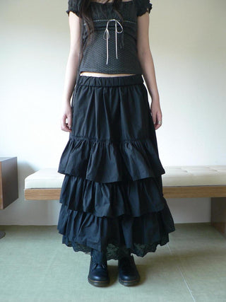 Elastic Waist Lace Patchwork Korean Cake Women Students Black White Maxi Skirt