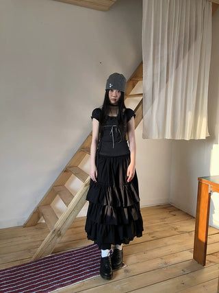Elastic Waist Lace Patchwork Korean Cake Women Students Black White Maxi Skirt