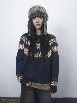 Fair Isle Knit Sweater Women Vintage Winter Blue Loose