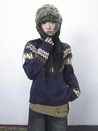 Fair Isle Knit Sweater Women Vintage Winter Blue Loose