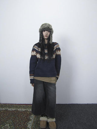 Fair Isle Knit Sweater Women Vintage Winter Blue Loose