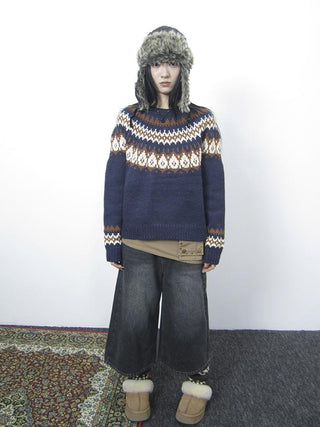 Fair Isle Knit Sweater Women Vintage Winter Blue Loose