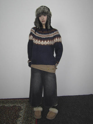 Fair Isle Knit Sweater Women Vintage Winter Blue Loose