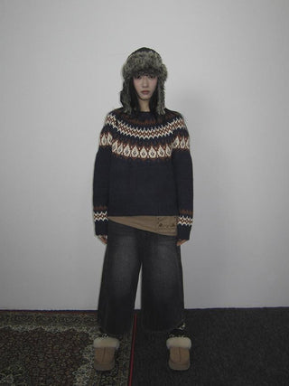 Fair Isle Knit Sweater Women Vintage Winter Blue Loose
