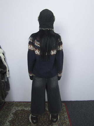 Fair Isle Knit Sweater Women Vintage Winter Blue Loose