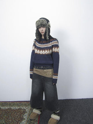 Fair Isle Knit Sweater Women Vintage Winter Blue Loose