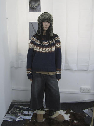 Fair Isle Knit Sweater Women Vintage Winter Blue Loose