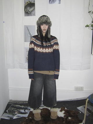 Fair Isle Knit Sweater Women Vintage Winter Blue Loose