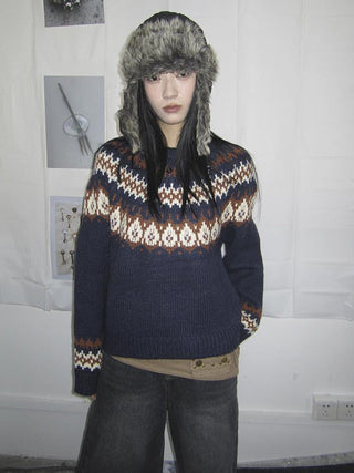 Fair Isle Knit Sweater Women Vintage Winter Blue Loose