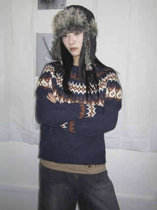 Fair Isle Knit Sweater Women Vintage Winter Blue Loose