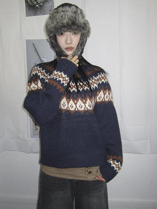 Fair Isle Knit Sweater Women Vintage Winter Blue Loose