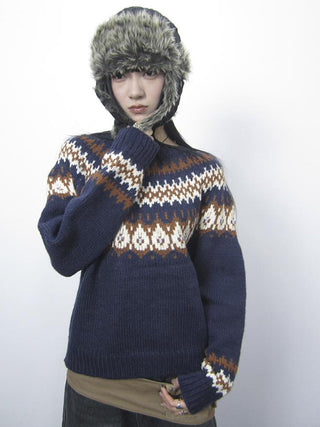 Fair Isle Knit Sweater Women Vintage Winter Blue Loose