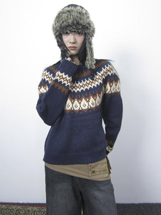 Fair Isle Knit Sweater Women Vintage Winter Blue Loose