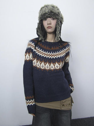 Fair Isle Knit Sweater Women Vintage Winter Blue Loose