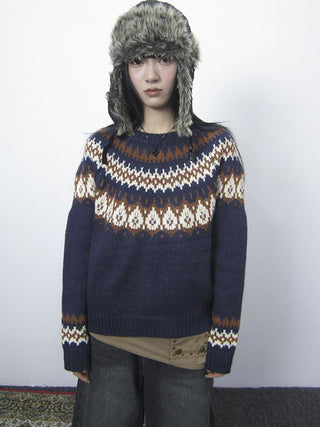 Fair Isle Knit Sweater Women Vintage Winter Blue Loose