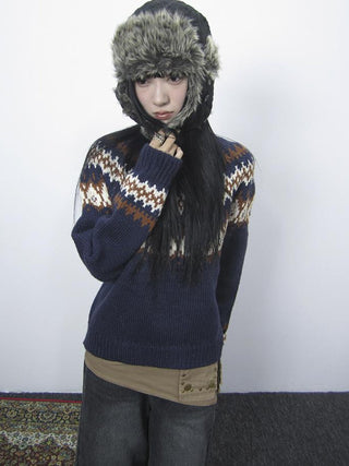 Fair Isle Knit Sweater Women Vintage Winter Blue Loose