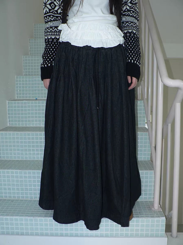 Fleece Lined Cotton Vintage A Line Pleated Loose Women Casual Maxi Skirt