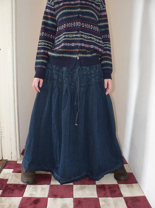 Fleece Lined Cotton Vintage A Line Pleated Loose Women Casual Maxi Skirt