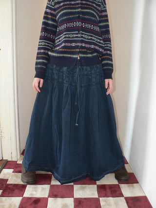 Fleece Lined Cotton Vintage A Line Pleated Loose Women Casual Maxi Skirt