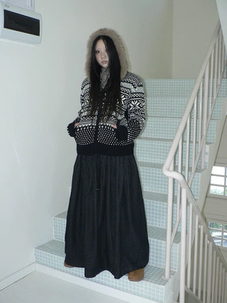 Fleece Lined Cotton Vintage A Line Pleated Loose Women Casual Maxi Skirt