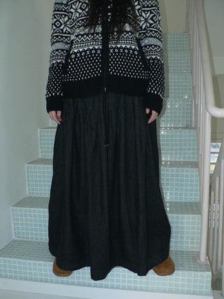 Fleece Lined Cotton Vintage A Line Pleated Loose Women Casual Maxi Skirt