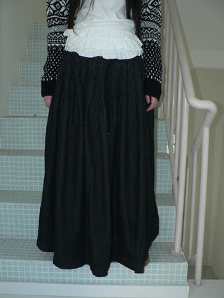 Fleece Lined Cotton Vintage A Line Pleated Loose Women Casual Maxi Skirt