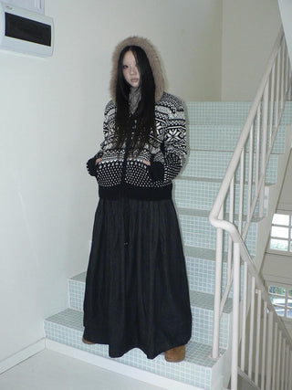 Fleece Lined Cotton Vintage A Line Pleated Loose Women Casual Maxi Skirt