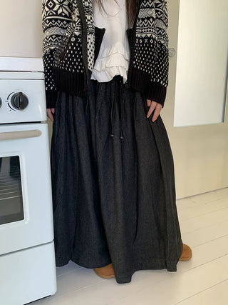 Fleece Lined Cotton Vintage A Line Pleated Loose Women Casual Maxi Skirt