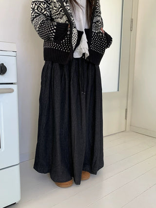 Fleece Lined Cotton Vintage A Line Pleated Loose Women Casual Maxi Skirt
