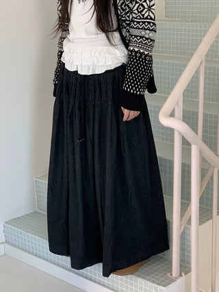 Fleece Lined Cotton Vintage A Line Pleated Loose Women Casual Maxi Skirt