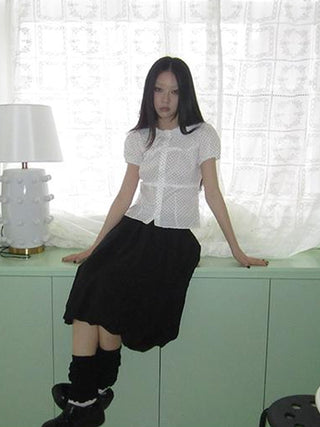 Floral Lace Trim Dot Print Short Sleeve Blouse