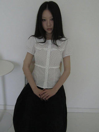 Floral Lace Trim Dot Print Short Sleeve Blouse