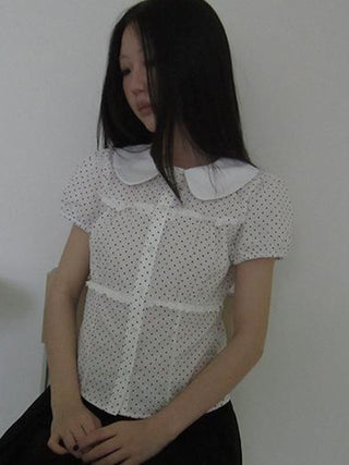 Floral Lace Trim Dot Print Short Sleeve Blouse