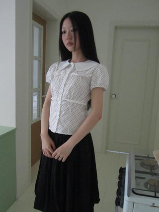 Floral Lace Trim Dot Print Short Sleeve Blouse