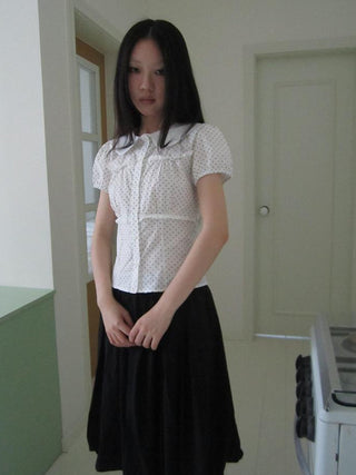Floral Lace Trim Dot Print Short Sleeve Blouse