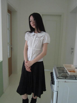 Floral Lace Trim Dot Print Short Sleeve Blouse