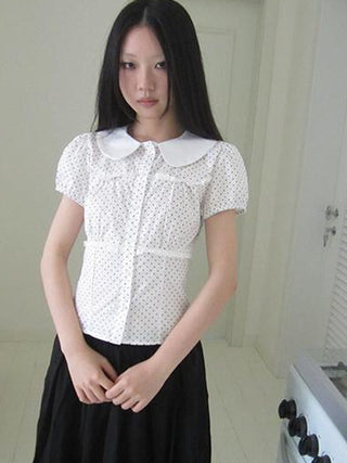 Floral Lace Trim Dot Print Short Sleeve Blouse