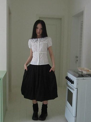 Floral Lace Trim Dot Print Short Sleeve Blouse