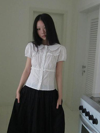 Floral Lace Trim Dot Print Short Sleeve Blouse