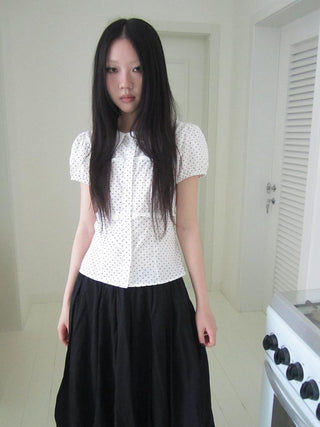 Floral Lace Trim Dot Print Short Sleeve Blouse