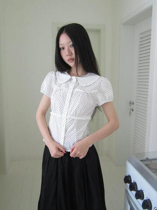 Floral Lace Trim Dot Print Short Sleeve Blouse
