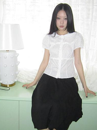 Floral Lace Trim Dot Print Short Sleeve Blouse