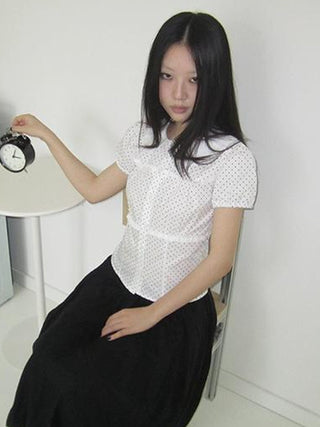 Floral Lace Trim Dot Print Short Sleeve Blouse