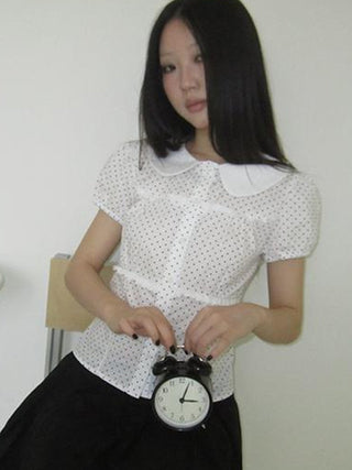 Floral Lace Trim Dot Print Short Sleeve Blouse