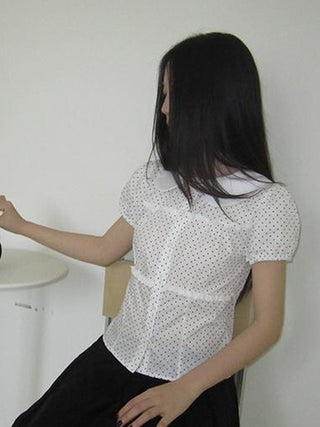 Floral Lace Trim Dot Print Short Sleeve Blouse