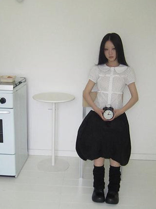 Floral Lace Trim Dot Print Short Sleeve Blouse