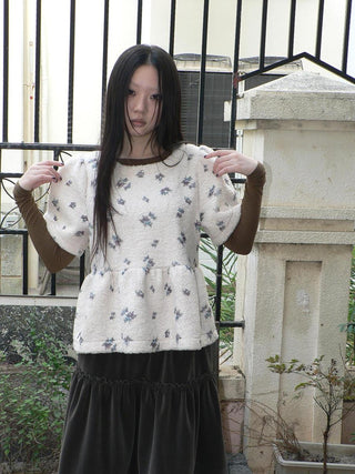 Floral Print Brown Loose Pullover Commuter Girls Round Neck T-Shirt