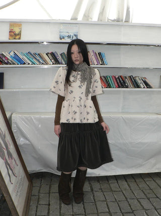 Floral Print Brown Loose Pullover Commuter Girls Round Neck T-Shirt