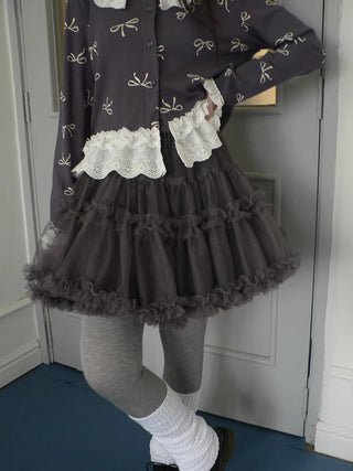 Grey Lined Lace Patchwork Puff Korean Mid Waist Casual Women Mini Skirt